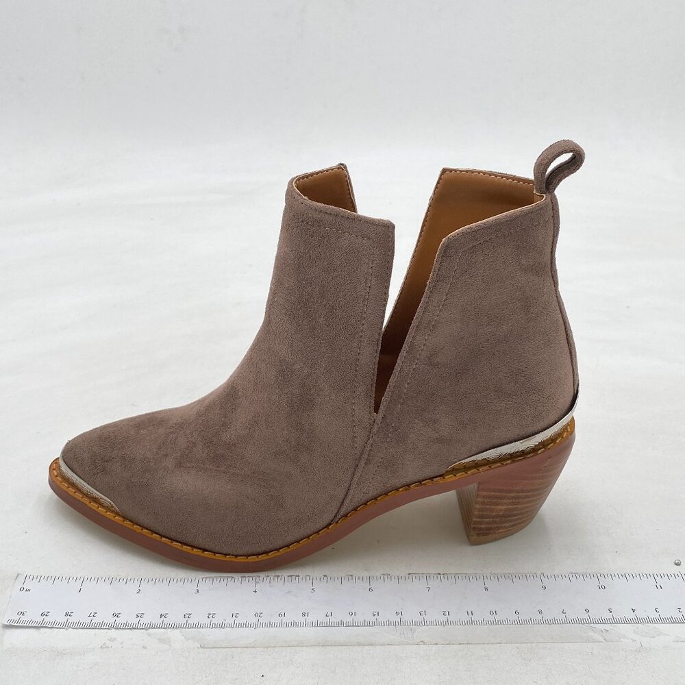 YDN Gray Low Heeled Ankle Boots Faux Suede Cowboy Booties Cutout with Metal Toe